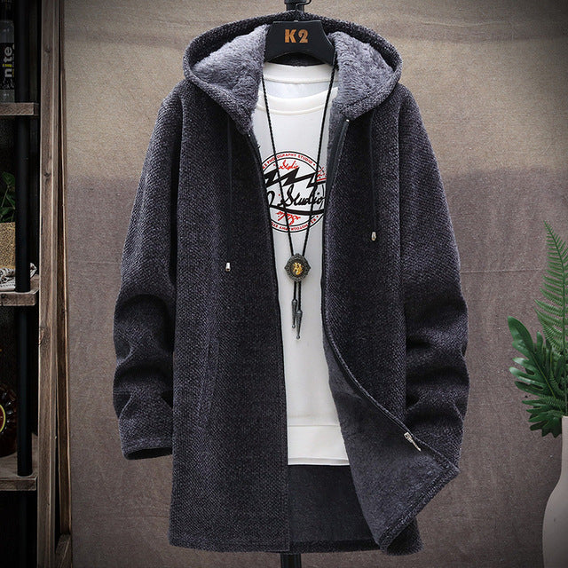 Men Casual Sweaters Jacket Slim Long Thick Warm Hooded Sweater Coat - Image 2