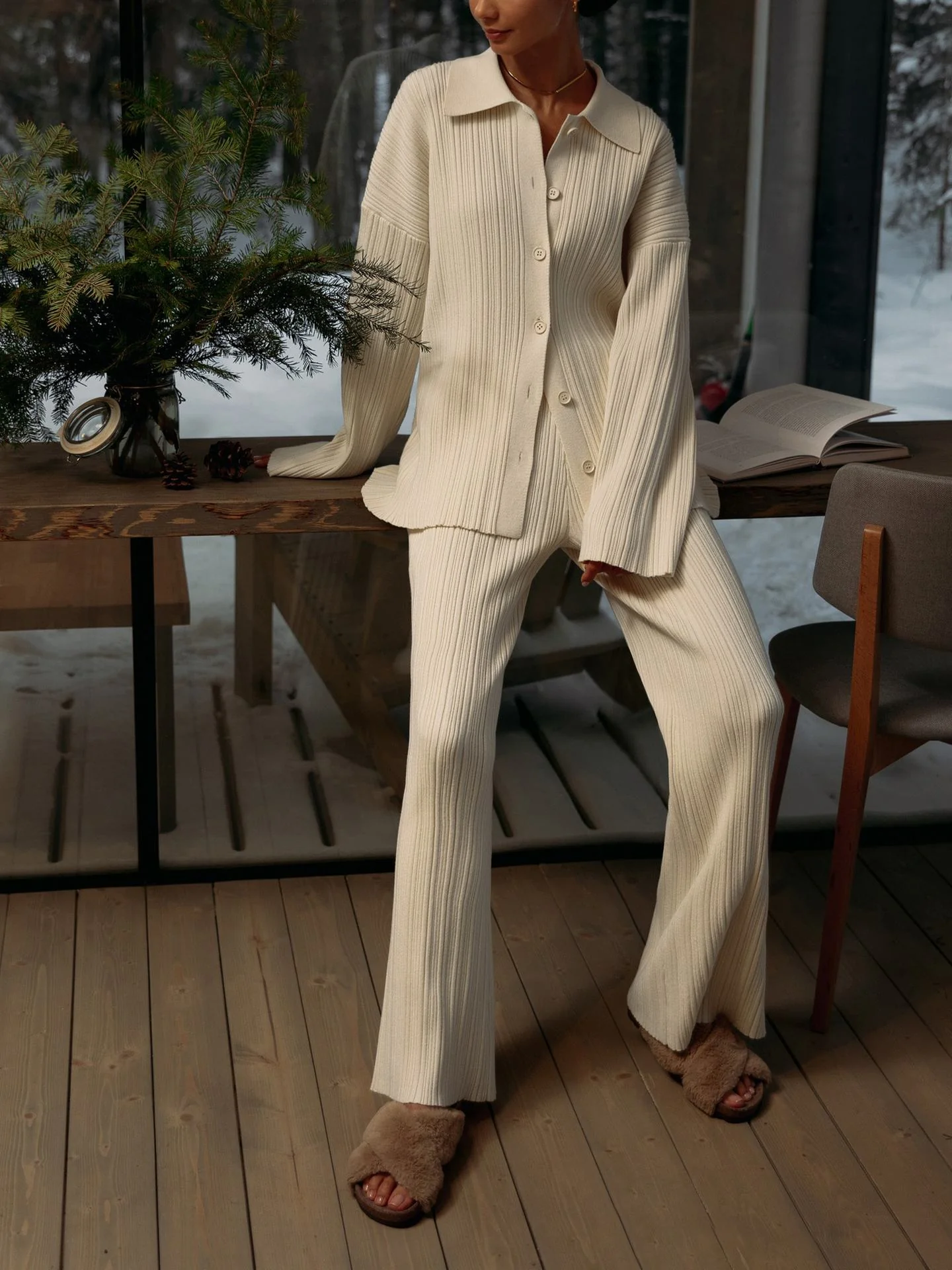 Autumn New Rib Strip Sweater Cardigan + Wide-leg Pants Two-piece Set - Image 11