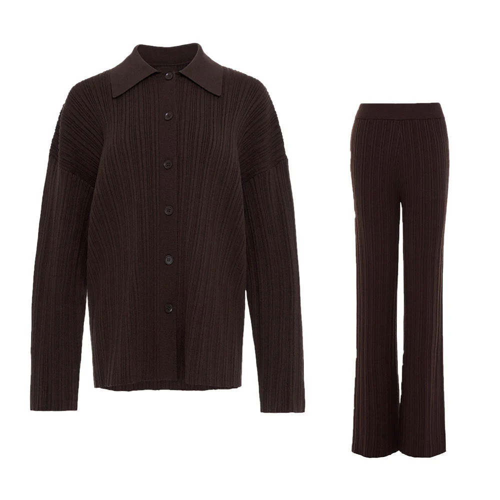 Autumn New Rib Strip Sweater Cardigan + Wide-leg Pants Two-piece Set - Image 12