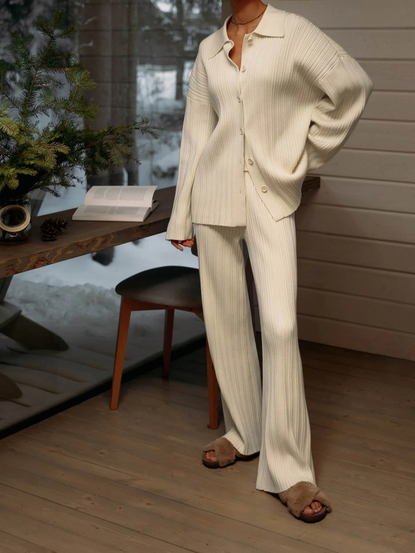 Autumn New Rib Strip Sweater Cardigan + Wide-leg Pants Two-piece Set - Image 14