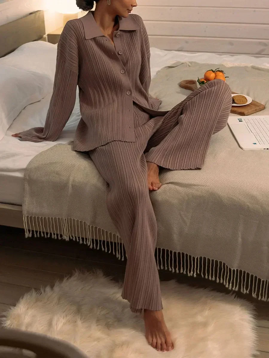 Autumn New Rib Strip Sweater Cardigan + Wide-leg Pants Two-piece Set - Image 15