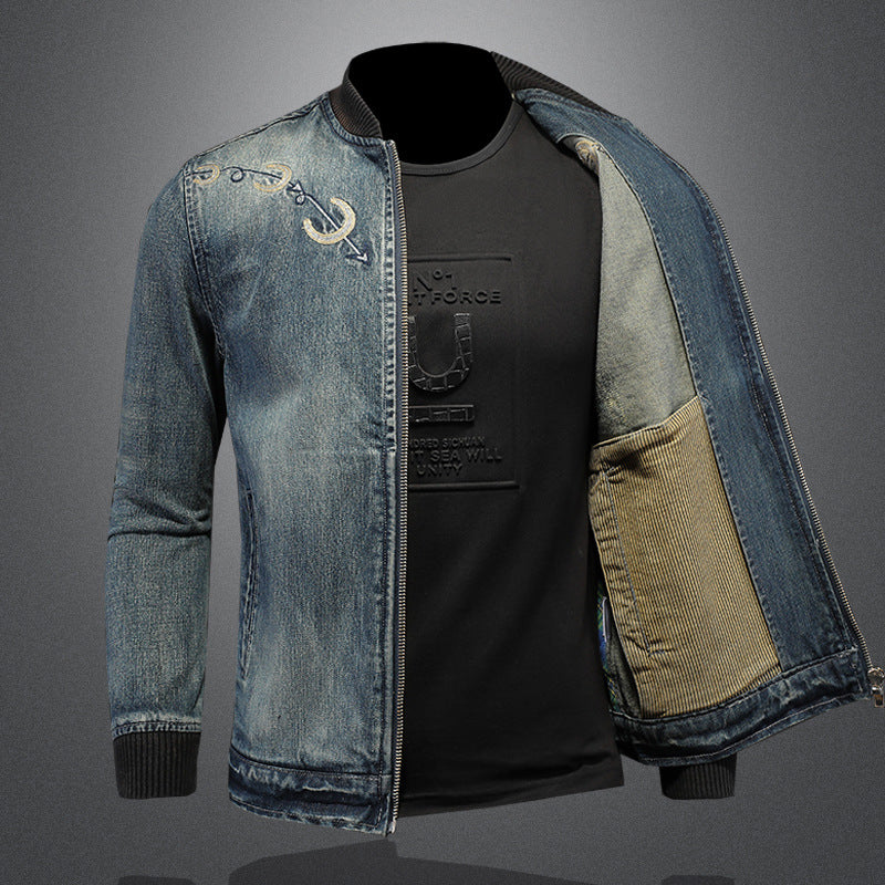 Baseball Rib Embroidered Denim Jacket for Men - Image 3