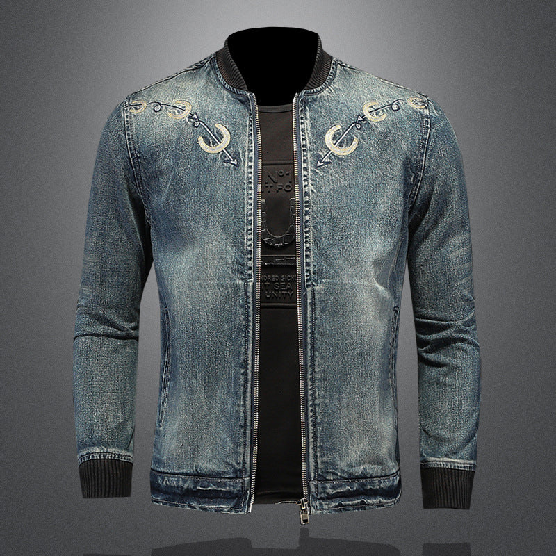 Baseball Rib Embroidered Denim Jacket for Men - Image 4