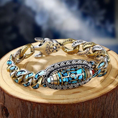 Turquoise Six-character Mantra Nine-Eyed Bead Bracelet - Image 7