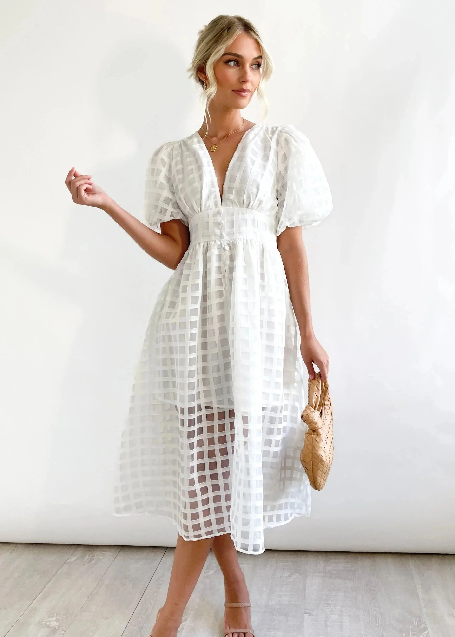 Beauty Square Patterned Fabric Puff Sleeve Midi Dress - Image 15
