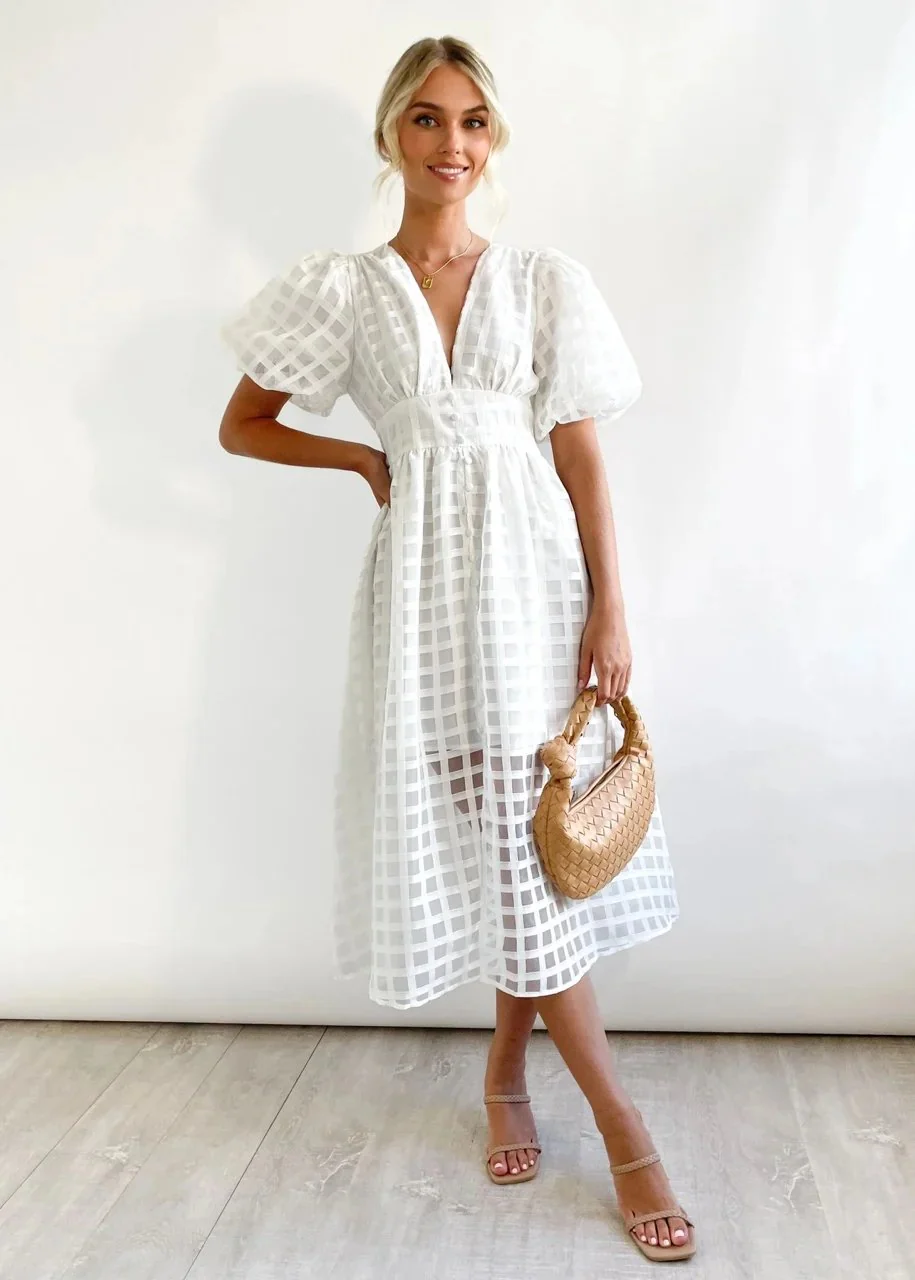 Beauty Square Patterned Fabric Puff Sleeve Midi Dress - Image 16