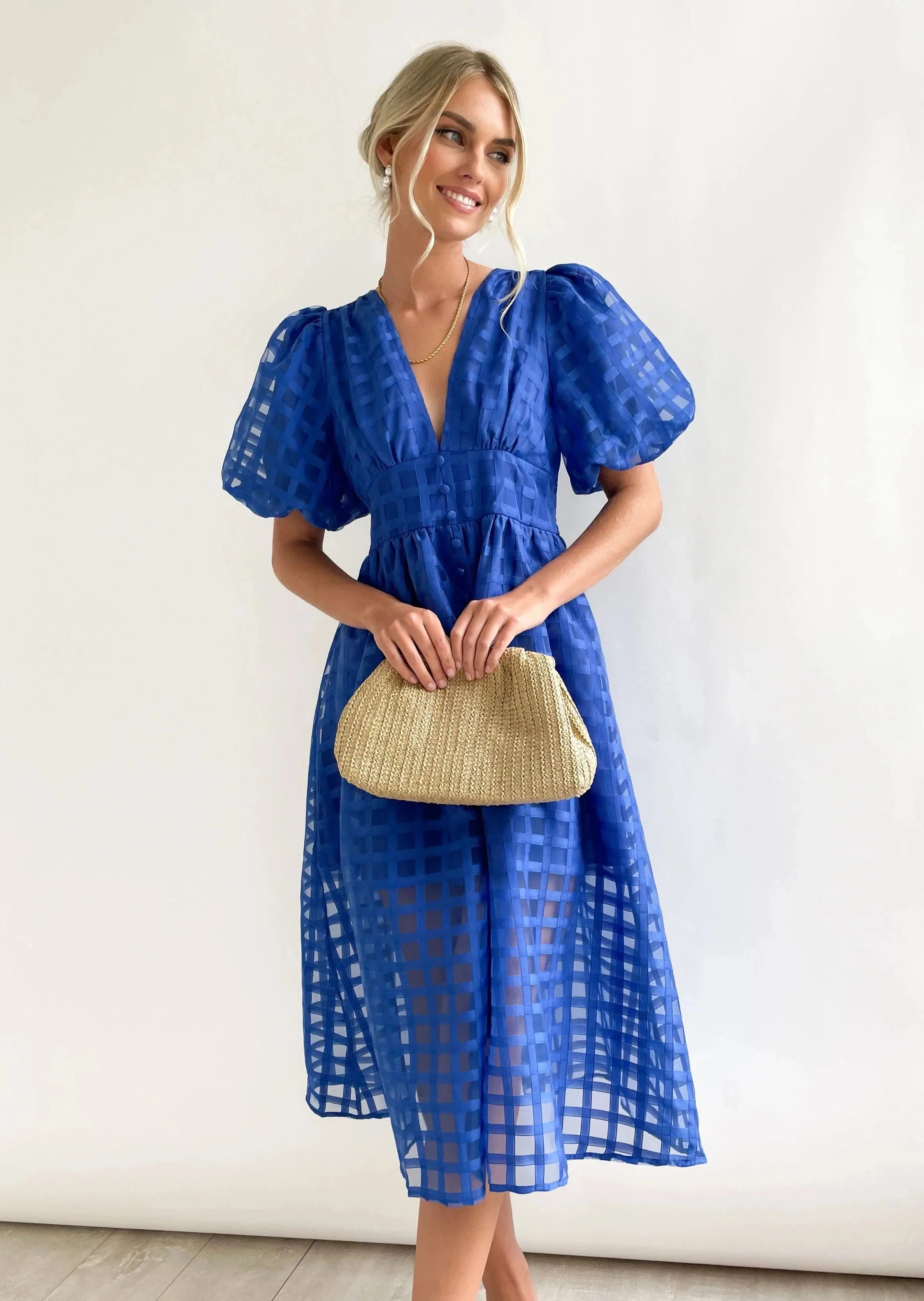 Beauty Square Patterned Fabric Puff Sleeve Midi Dress - Image 19