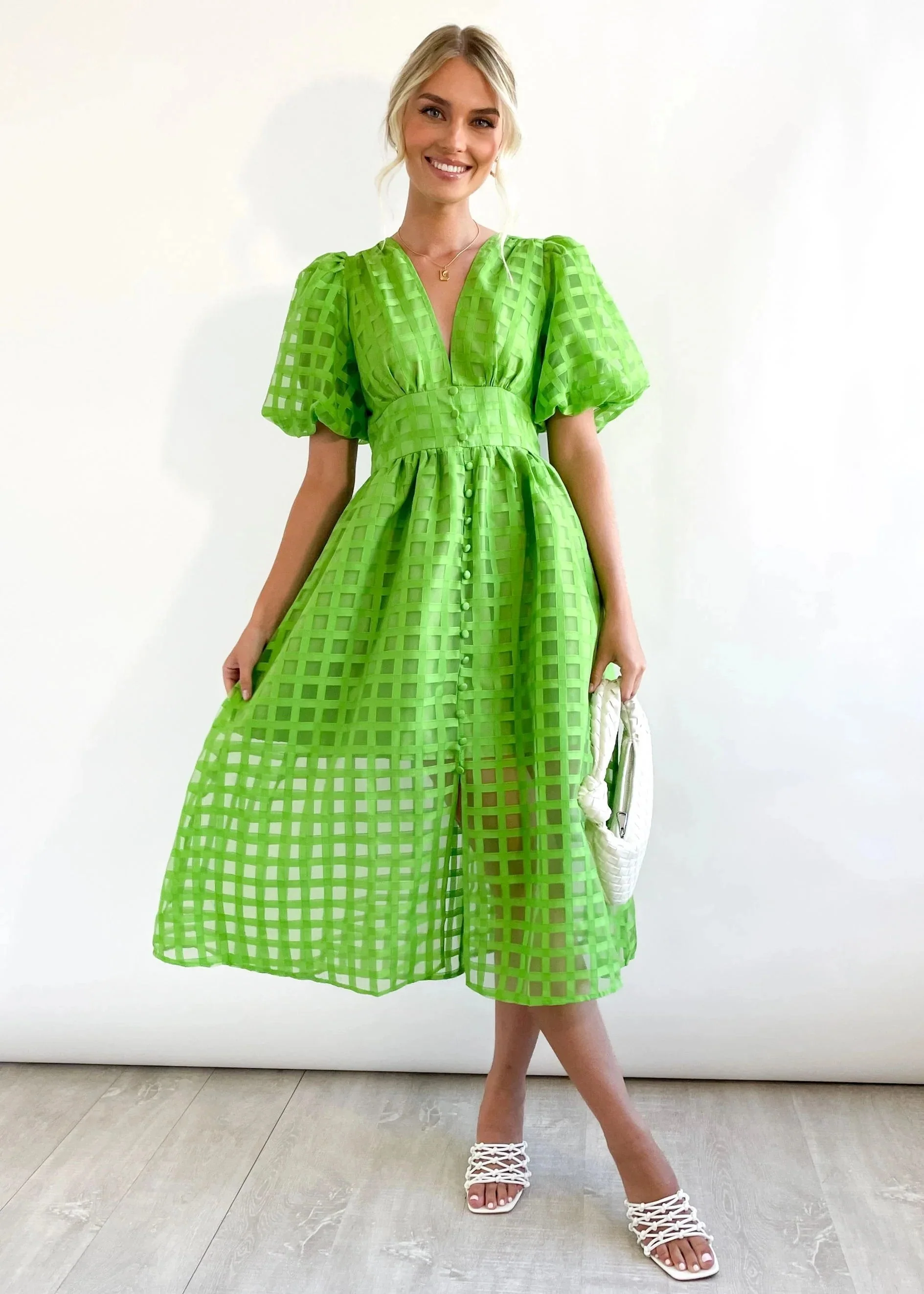 Beauty Square Patterned Fabric Puff Sleeve Midi Dress - Image 20