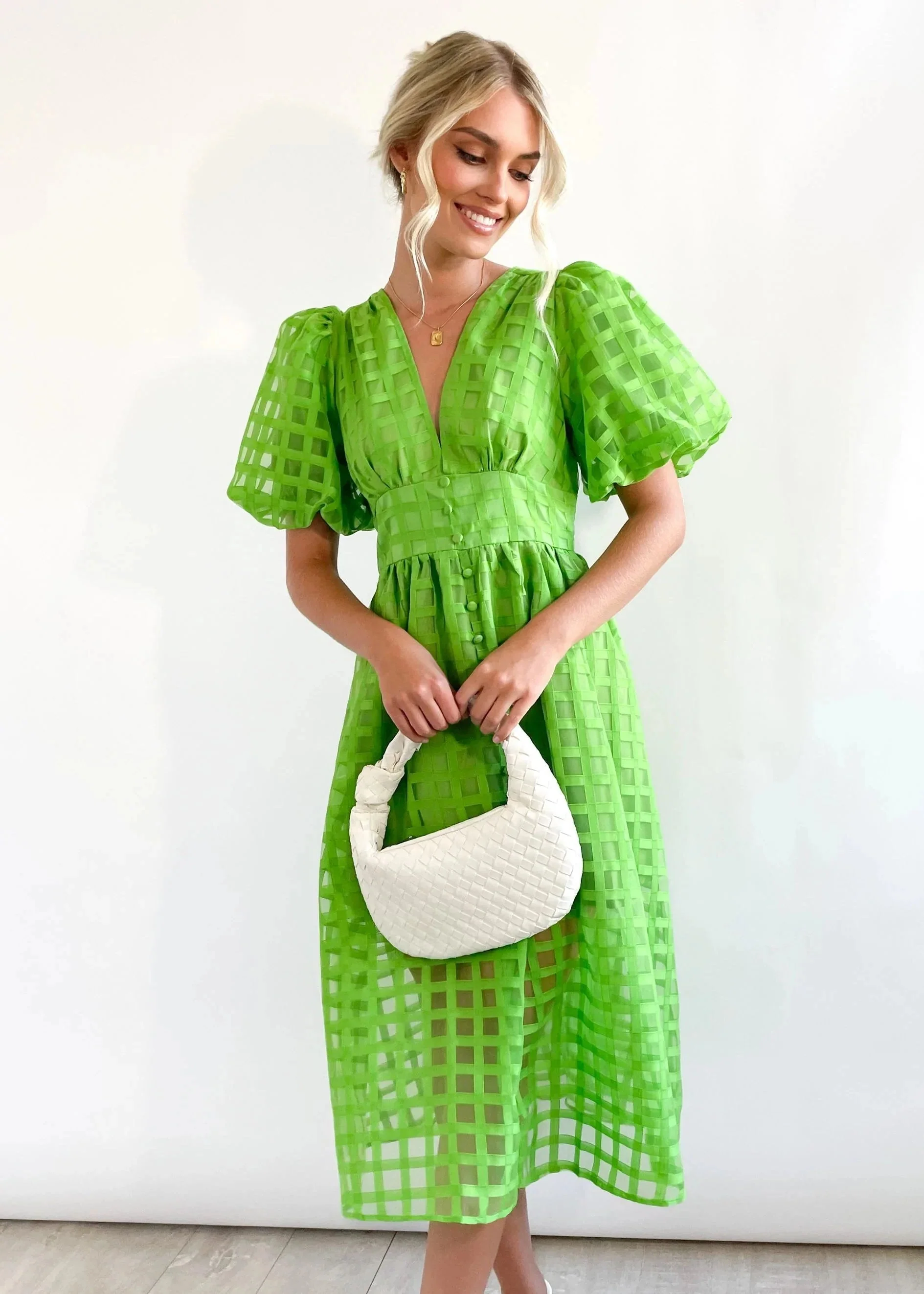 Beauty Square Patterned Fabric Puff Sleeve Midi Dress - Image 21