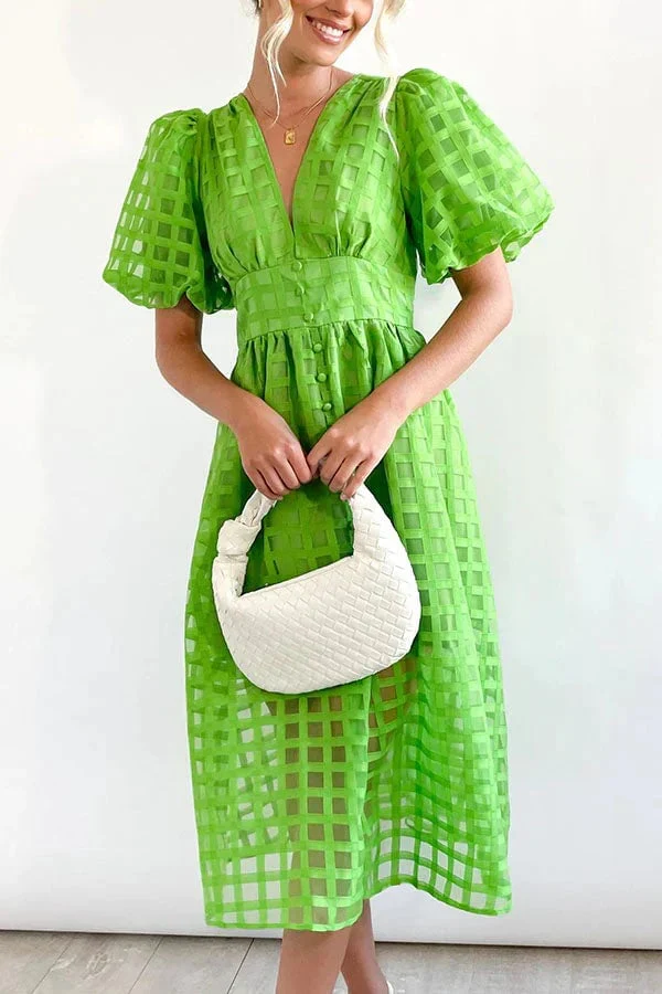 Beauty Square Patterned Fabric Puff Sleeve Midi Dress - Image 22