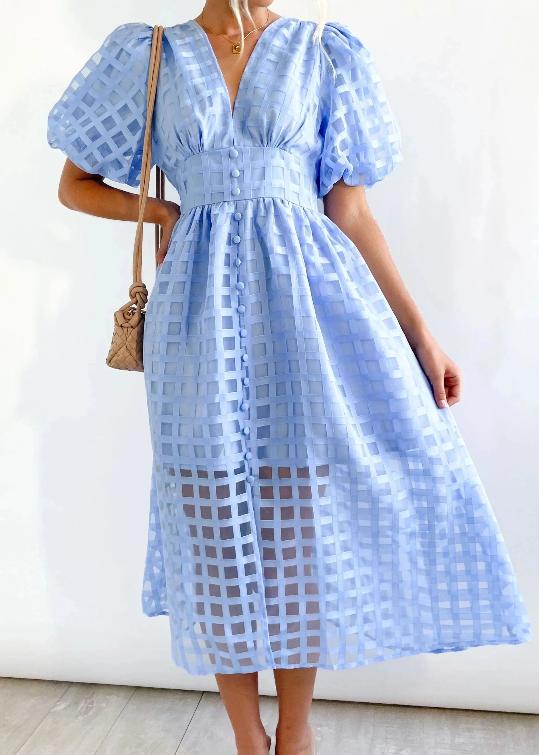 Beauty Square Patterned Fabric Puff Sleeve Midi Dress - Image 27