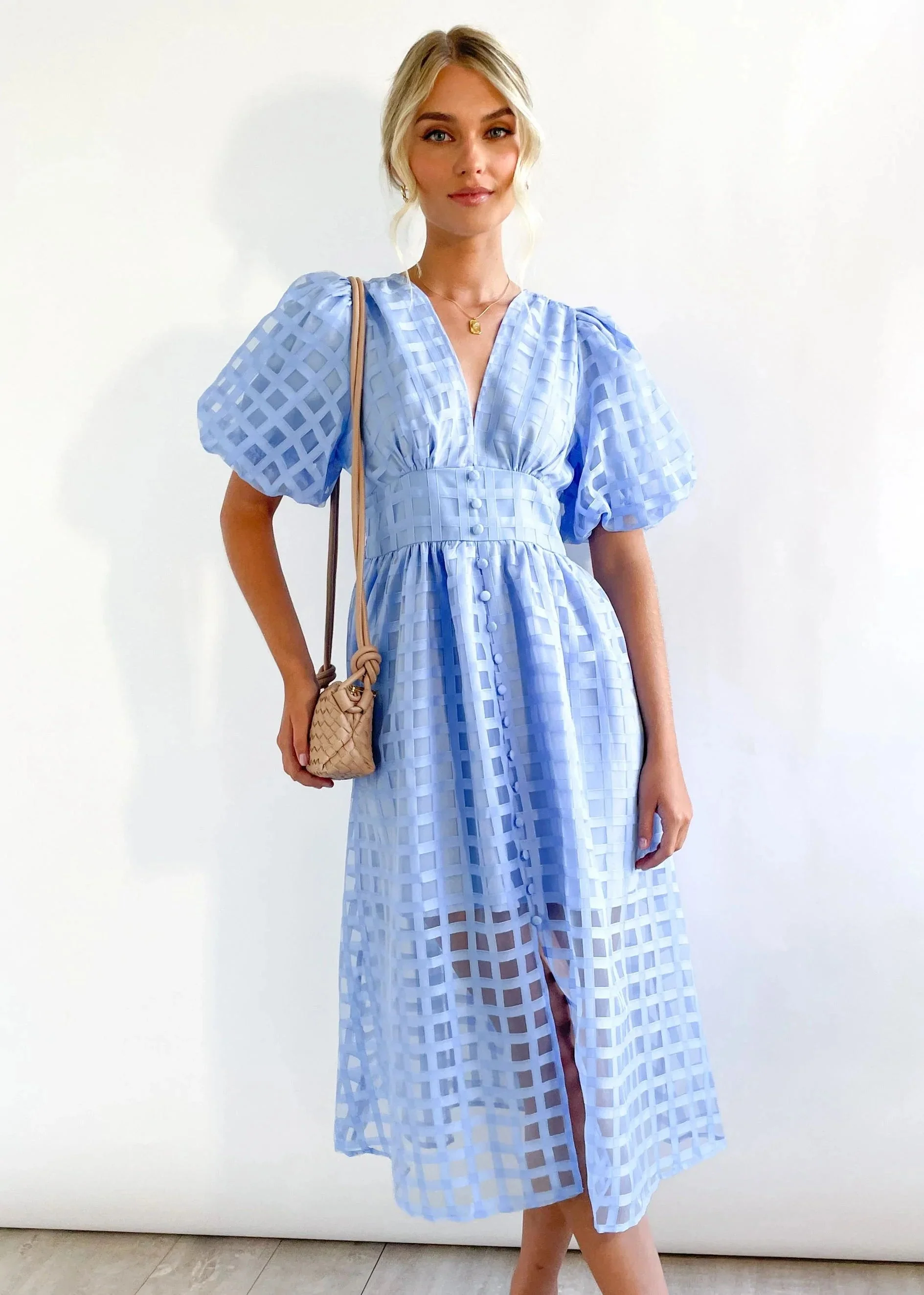 Beauty Square Patterned Fabric Puff Sleeve Midi Dress - Image 29