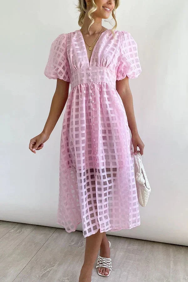 Beauty Square Patterned Fabric Puff Sleeve Midi Dress - Image 30