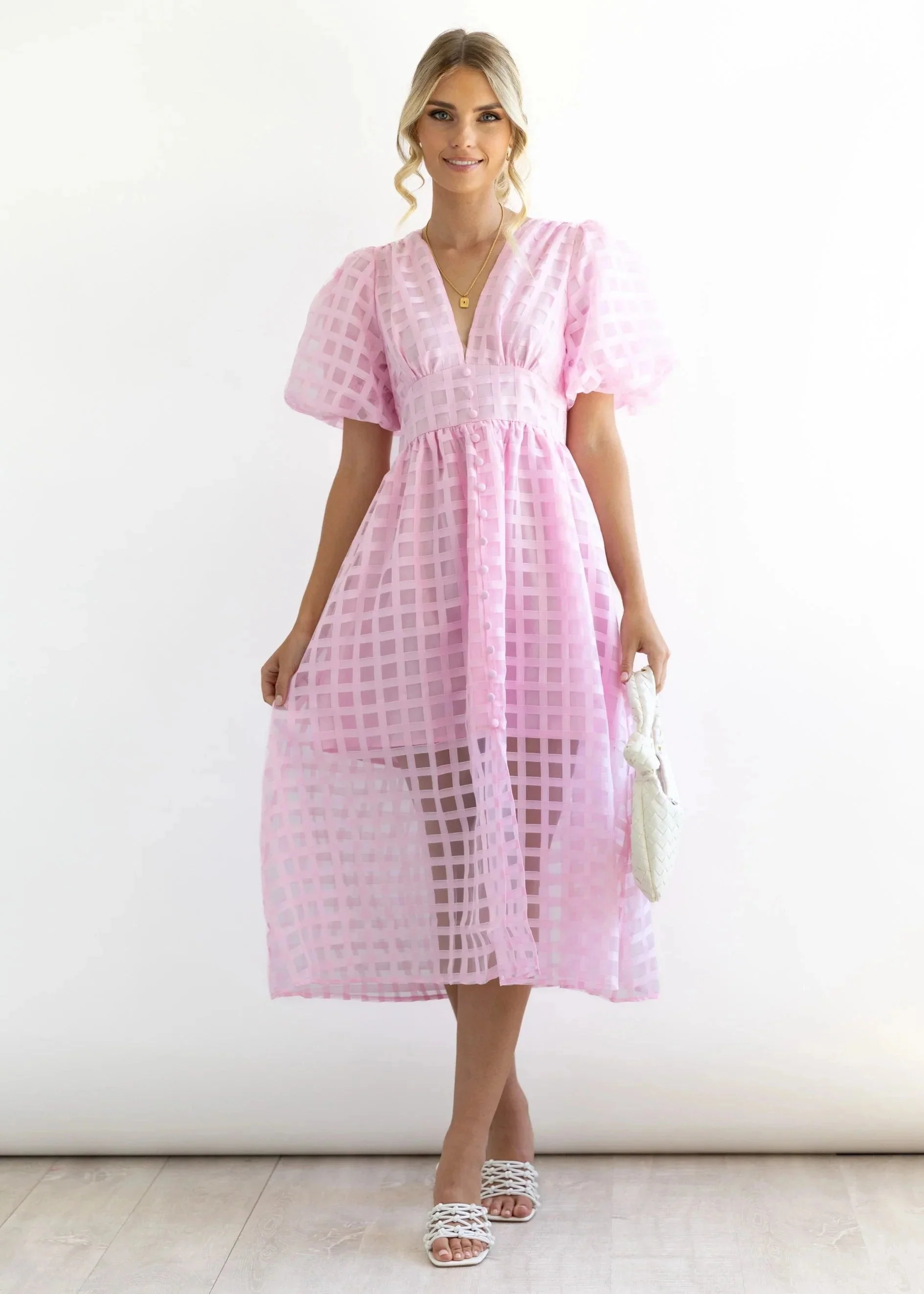 Beauty Square Patterned Fabric Puff Sleeve Midi Dress - Image 32