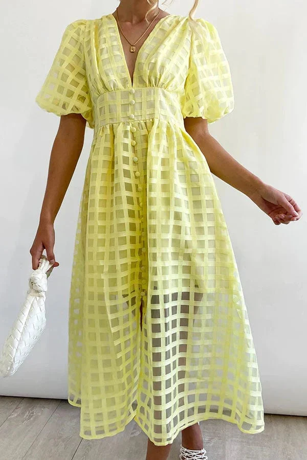 Beauty Square Patterned Fabric Puff Sleeve Midi Dress - Image 33