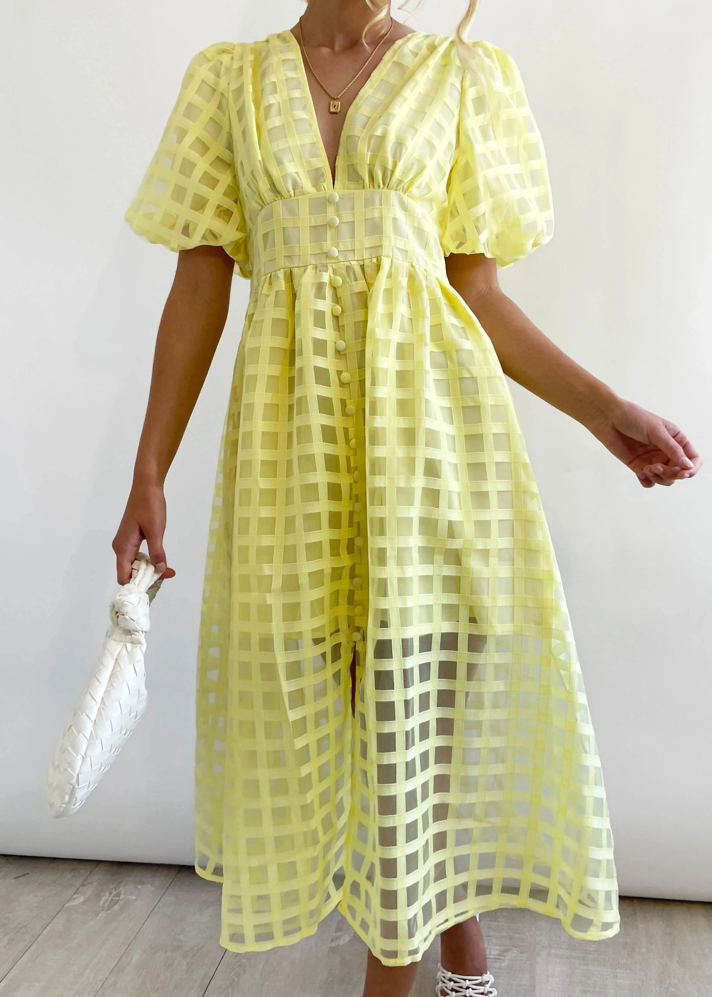 Beauty Square Patterned Fabric Puff Sleeve Midi Dress - Image 34