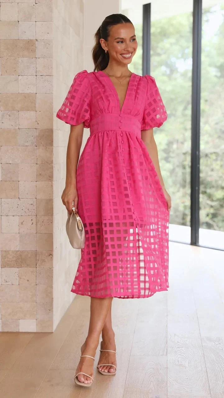 Beauty Square Patterned Fabric Puff Sleeve Midi Dress - Image 4