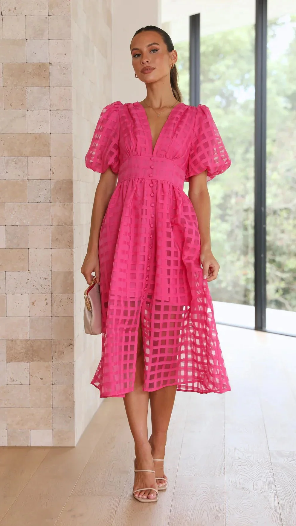 Beauty Square Patterned Fabric Puff Sleeve Midi Dress - Image 5