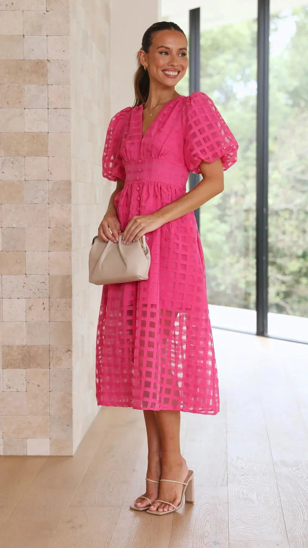 Beauty Square Patterned Fabric Puff Sleeve Midi Dress - Image 7