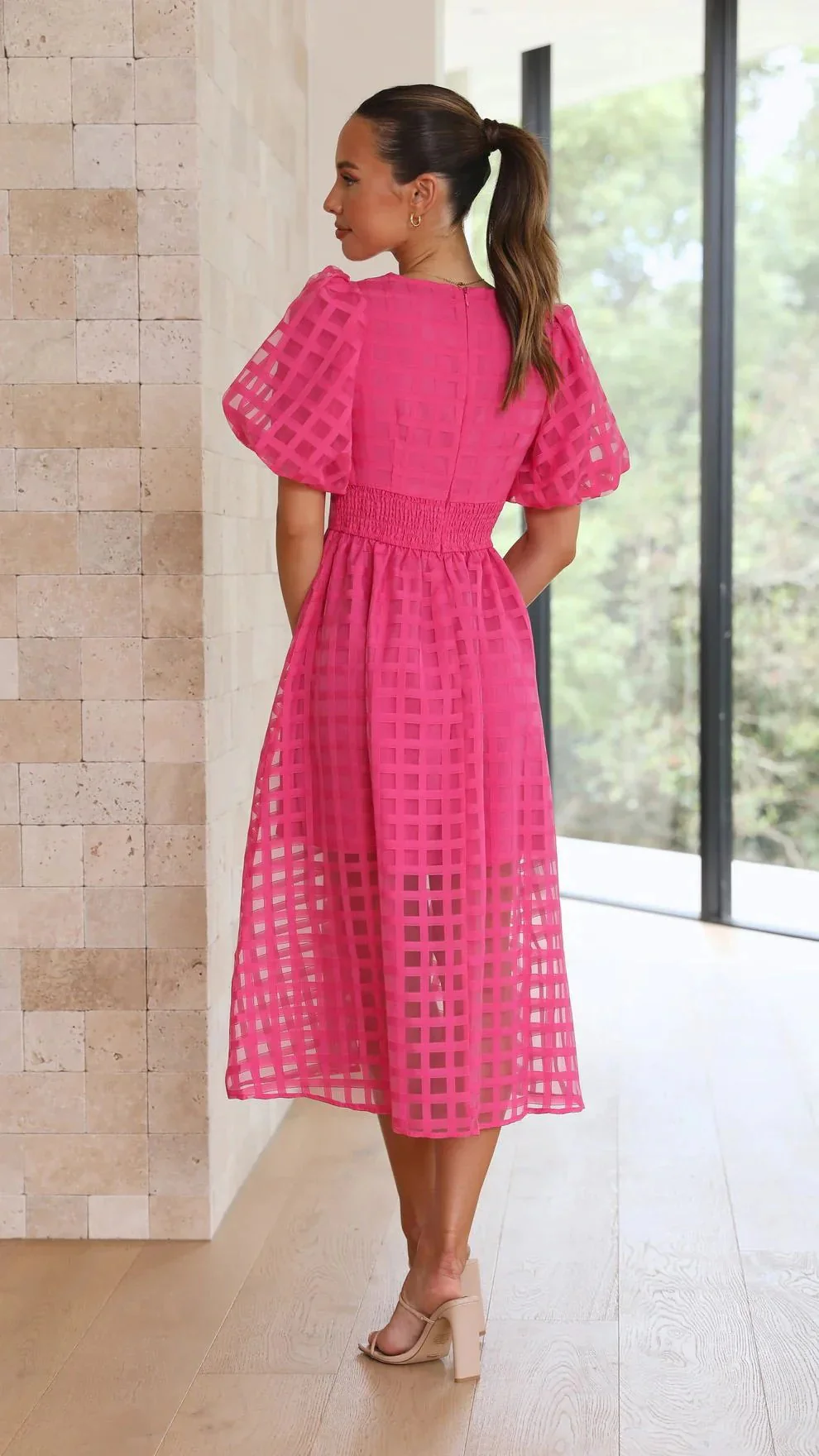 Beauty Square Patterned Fabric Puff Sleeve Midi Dress - Image 8