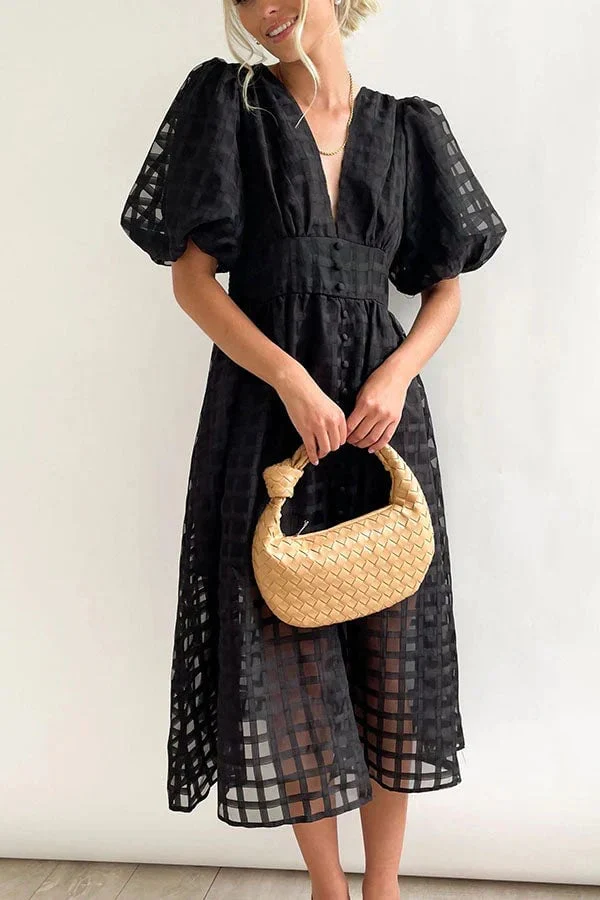 Beauty Square Patterned Fabric Puff Sleeve Midi Dress - Image 9