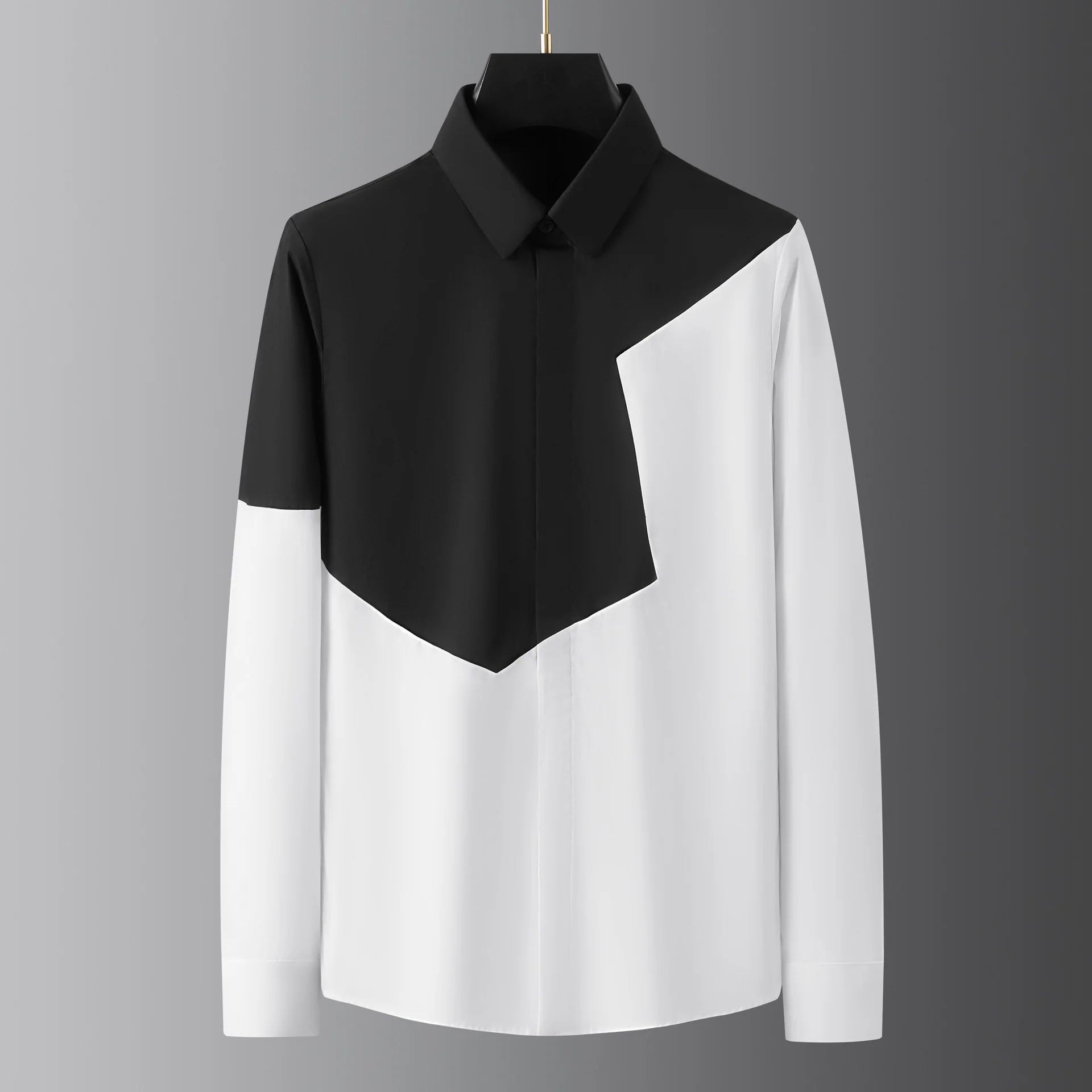 Black and white stitching men's long-sleeved shirt high-end handsome color matching men's long-sleeved shirt - Image 6