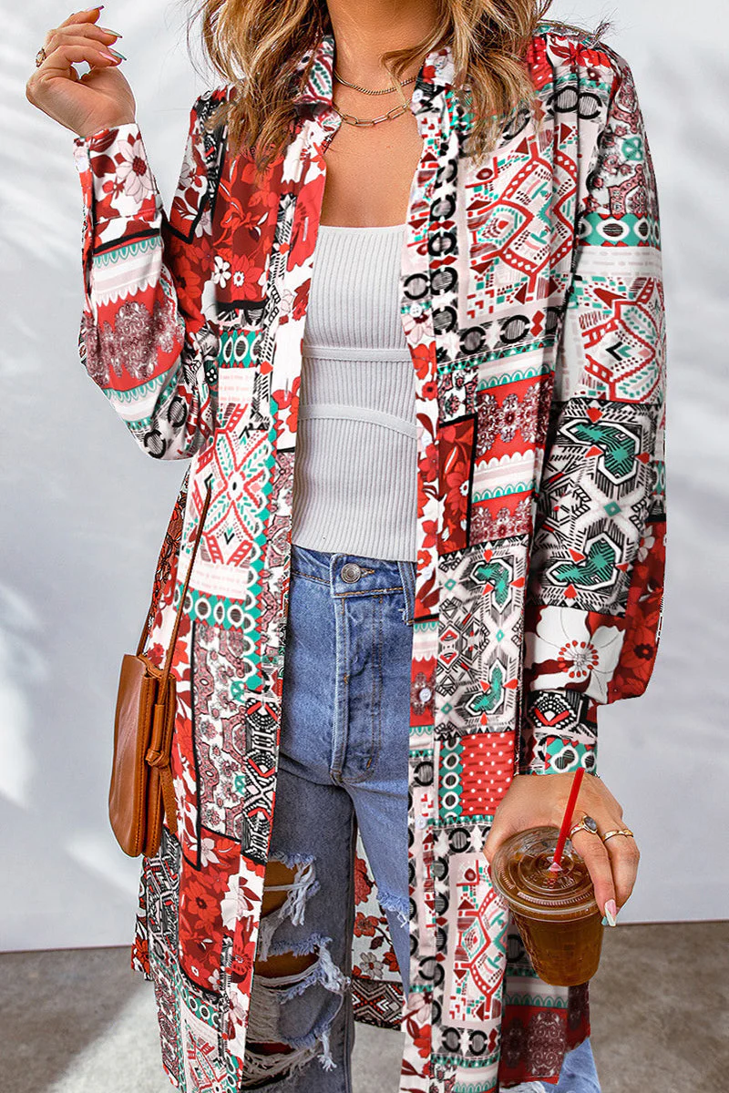Bohemian College Geometric Printing Contrast Turndown Collar Tops(7 Colors) - Image 11