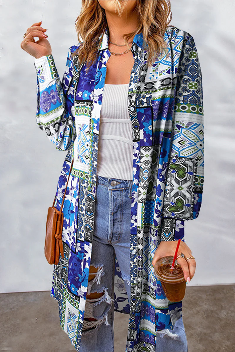 Bohemian College Geometric Printing Contrast Turndown Collar Tops(7 Colors) - Image 19