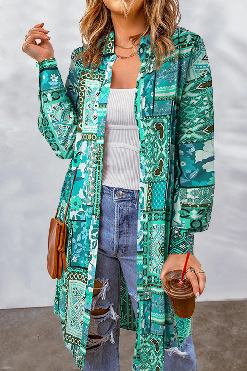 Bohemian College Geometric Printing Contrast Turndown Collar Tops(7 Colors) - Image 21