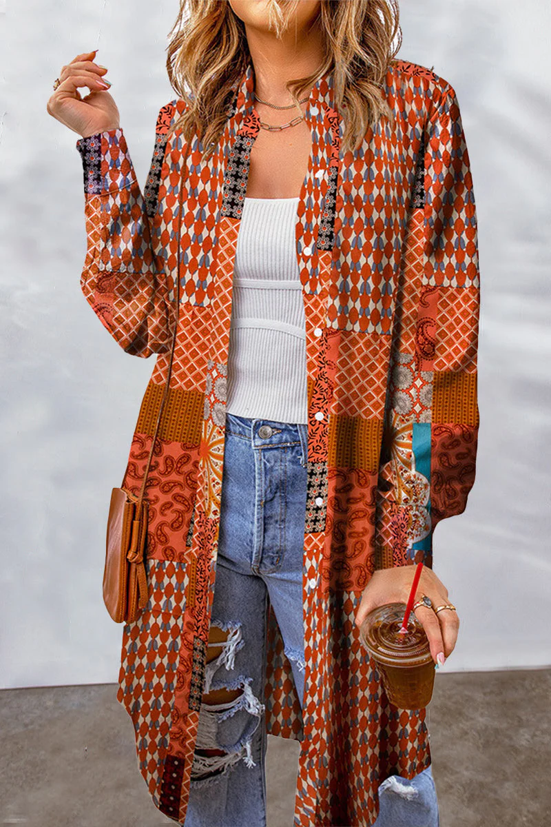 Bohemian College Geometric Printing Contrast Turndown Collar Tops(7 Colors) - Image 23