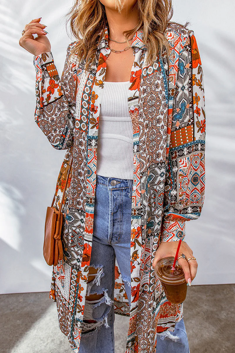 Bohemian College Geometric Printing Contrast Turndown Collar Tops(7 Colors) - Image 24