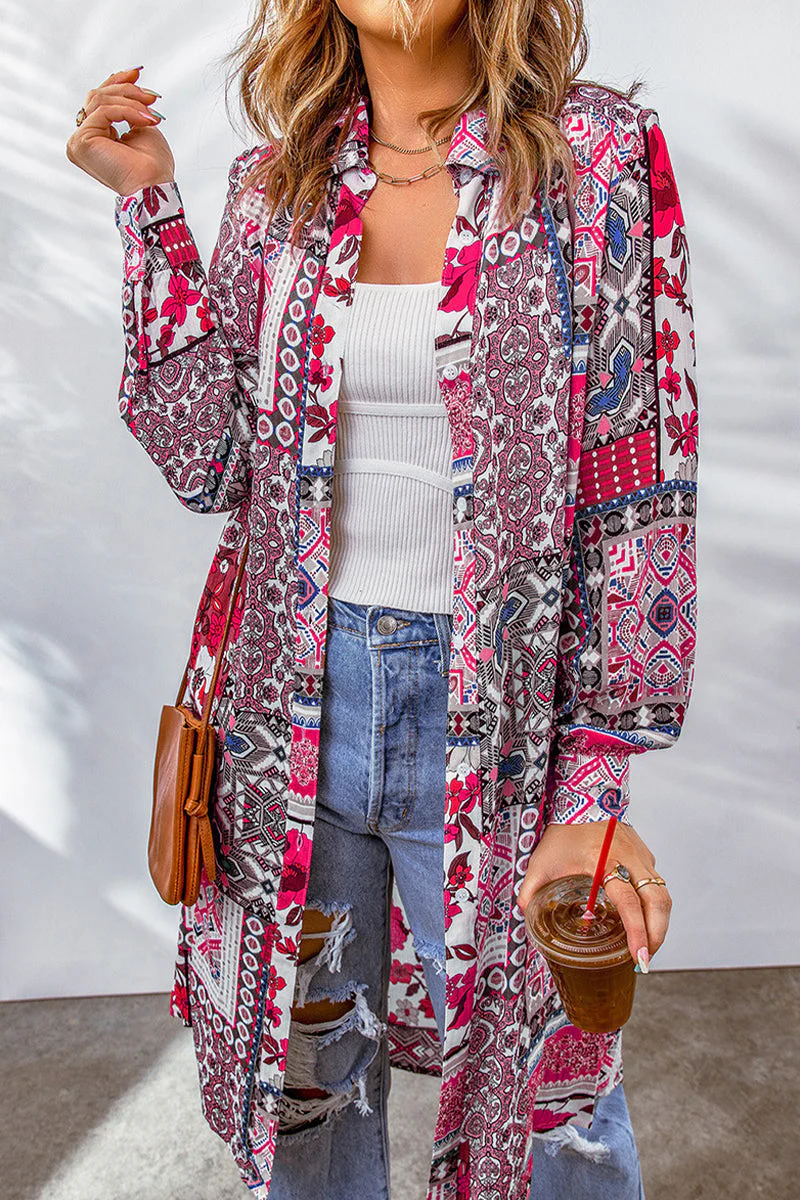Bohemian College Geometric Printing Contrast Turndown Collar Tops(7 Colors) - Image 3