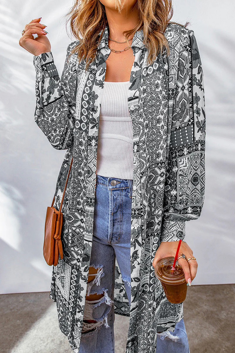 Bohemian College Geometric Printing Contrast Turndown Collar Tops(7 Colors) - Image 5
