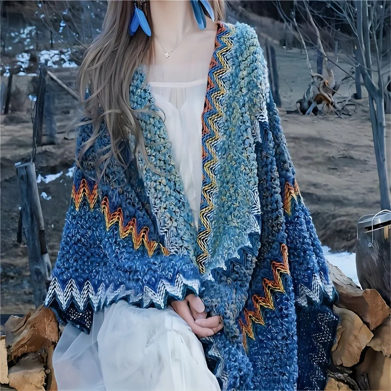 Bohemian braided shawl retro traditional striped fringed cardigan fashionable travel windproof - Image 12