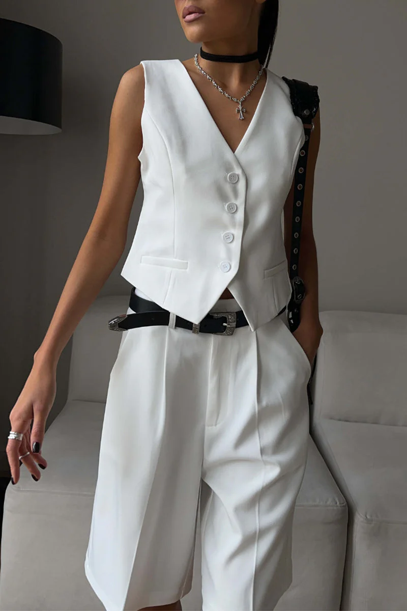 British Style Elegant Solid Pocket Buttons V Neck Sleeveless Two Pieces - Image 13