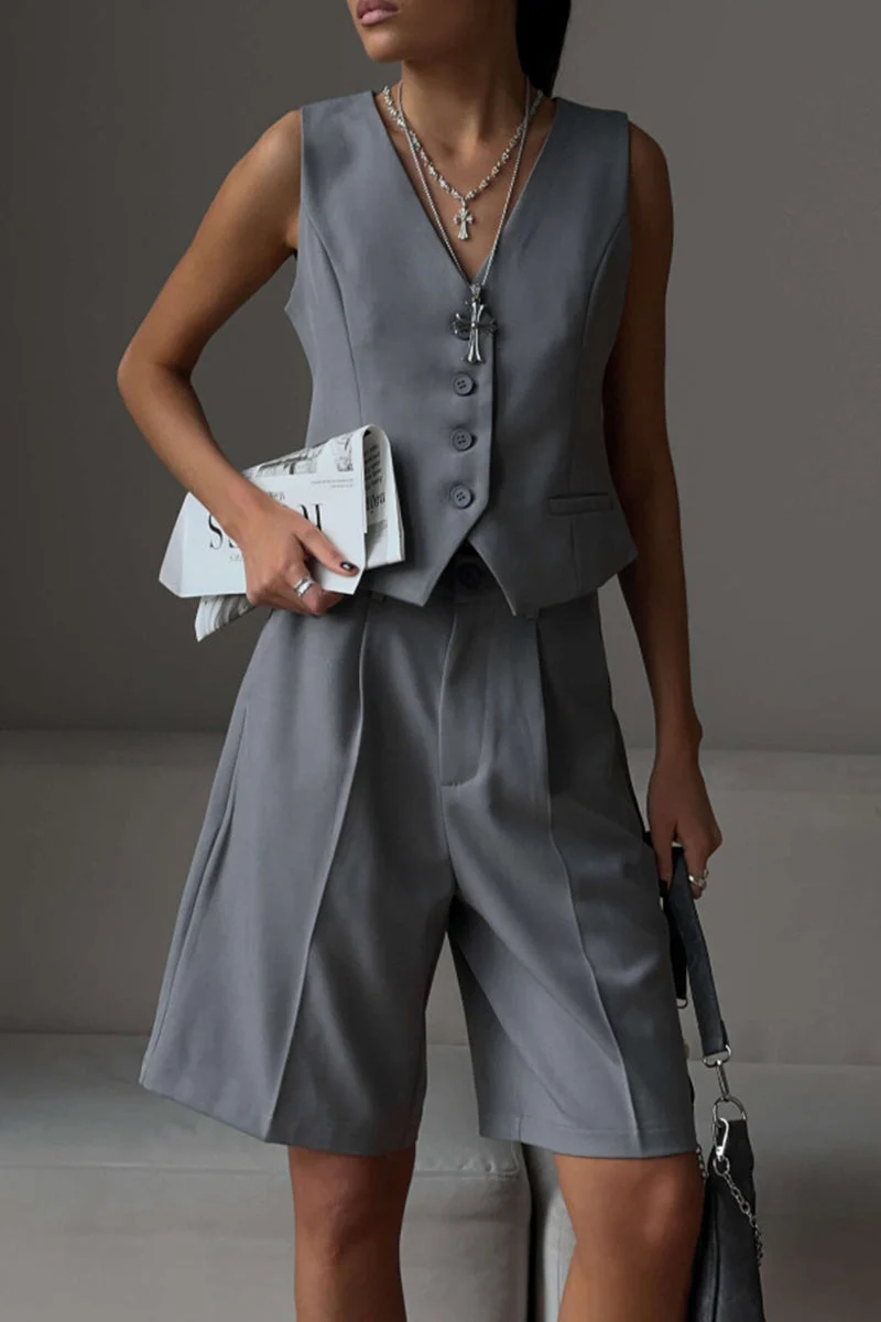 British Style Elegant Solid Pocket Buttons V Neck Sleeveless Two Pieces - Image 15