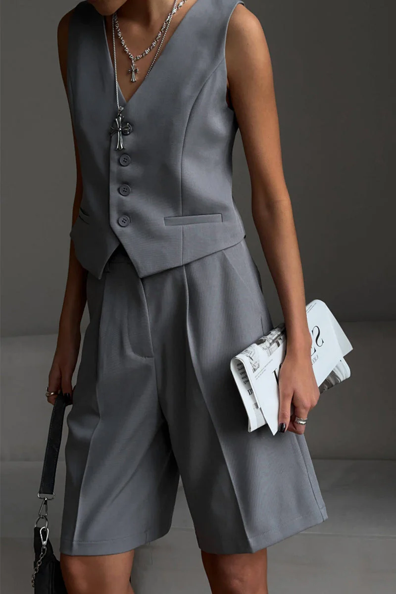 British Style Elegant Solid Pocket Buttons V Neck Sleeveless Two Pieces - Image 3