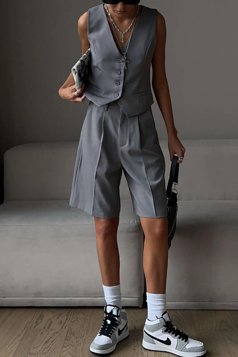 British Style Elegant Solid Pocket Buttons V Neck Sleeveless Two Pieces - Image 4