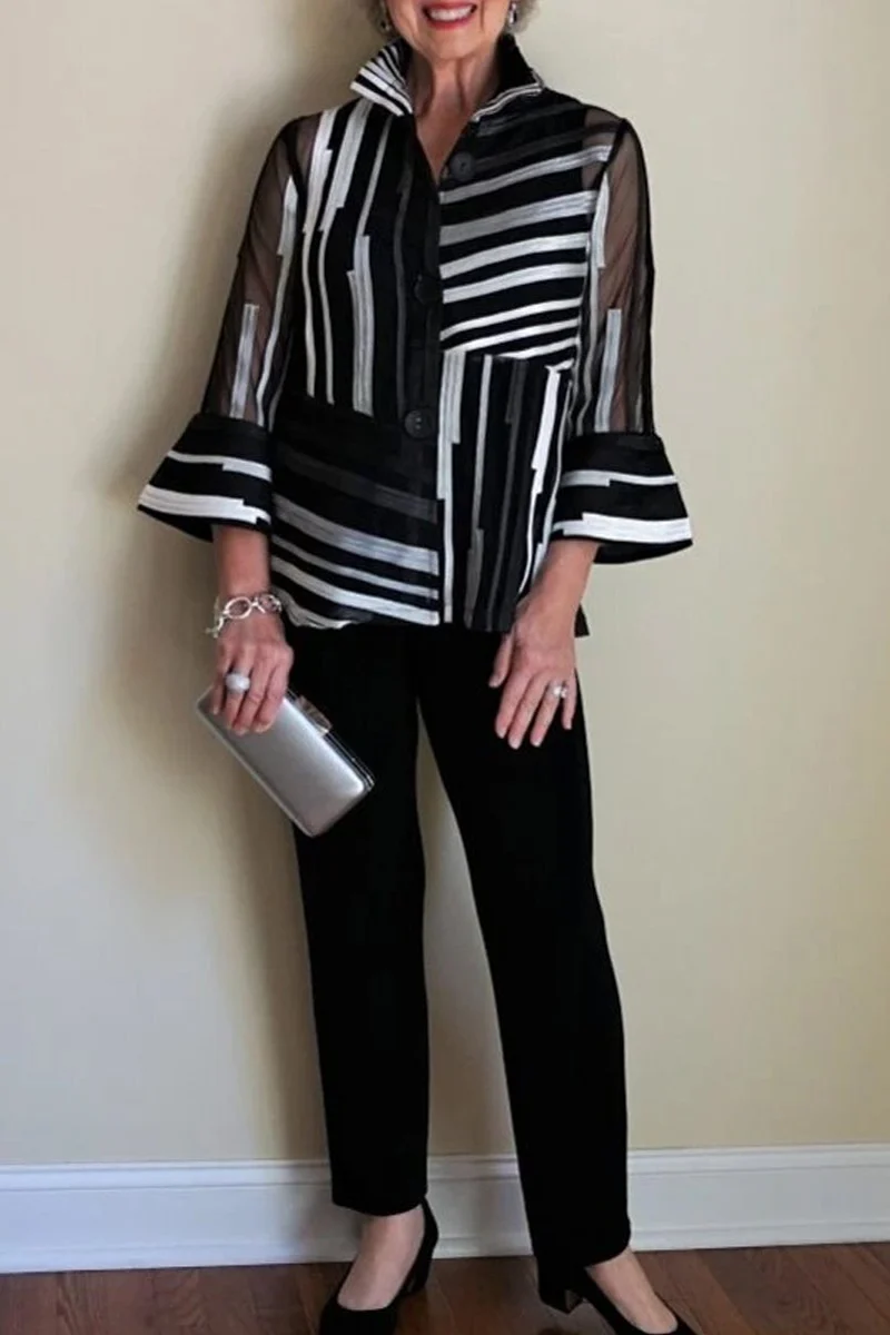 British Style Striped Print Patchwork Turndown Collar Nine Points Sleeve Two Pieces - Image 4