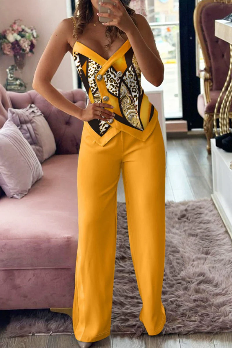 British Style Vintage Geometric Print Buttons Contrast V Neck Sleeveless Two Pieces - Image 12