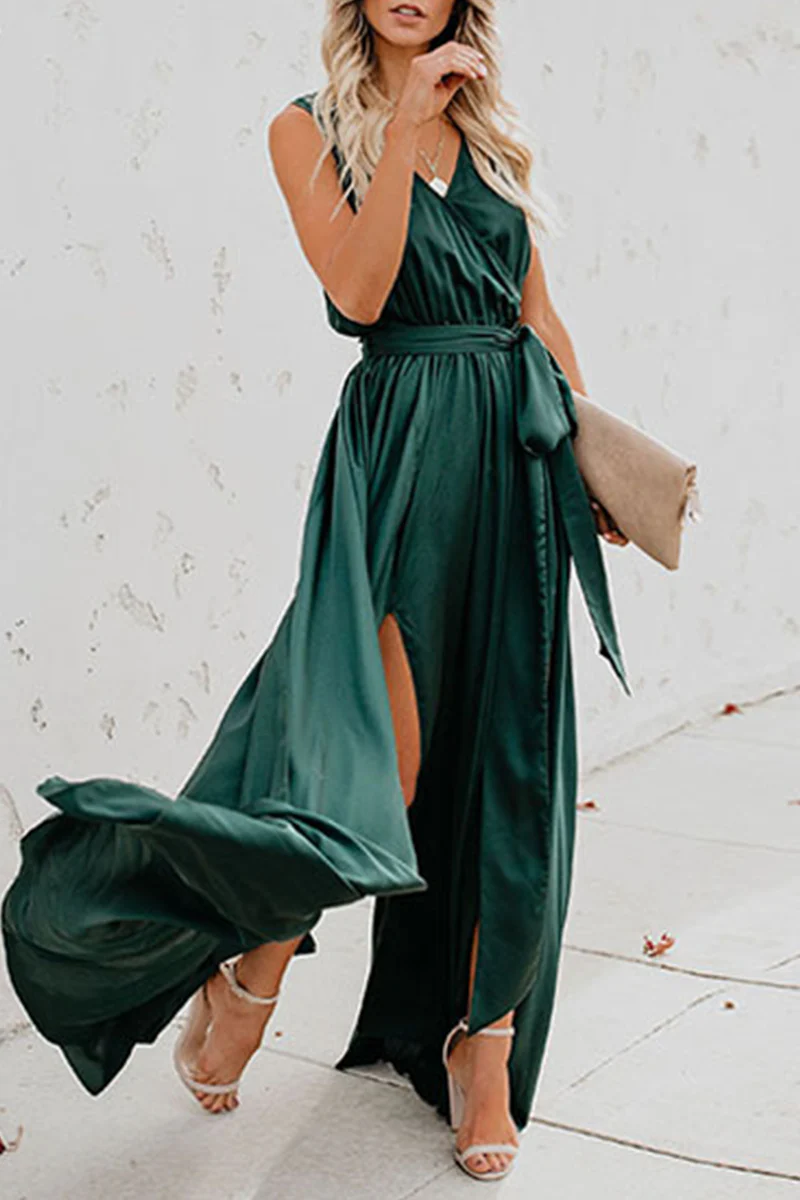 Casual Bohemian Solid High Opening With Belt V Neck Dresses(3 Colors) - Image 14