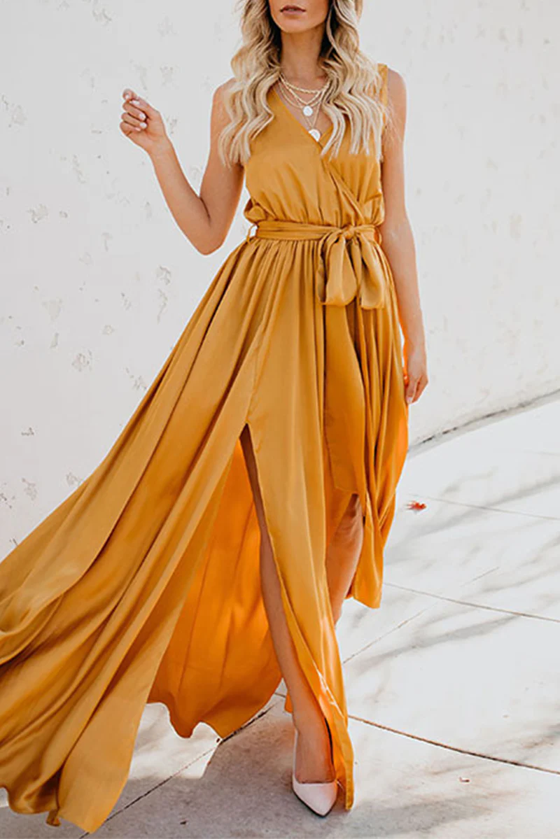 Casual Bohemian Solid High Opening With Belt V Neck Dresses(3 Colors) - Image 16