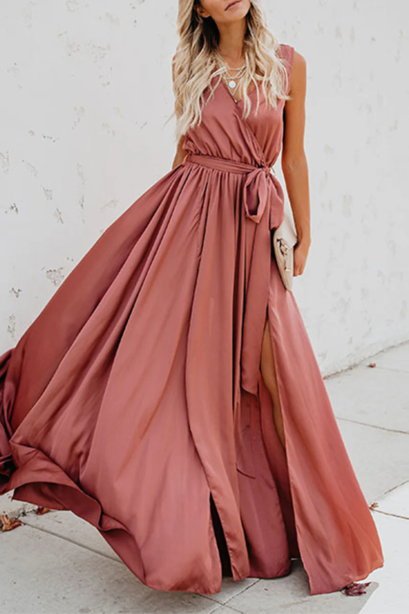 Casual Bohemian Solid High Opening With Belt V Neck Dresses(3 Colors) - Image 3