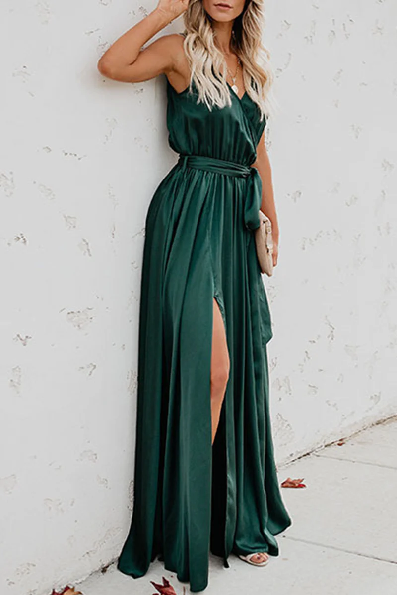 Casual Bohemian Solid High Opening With Belt V Neck Dresses(3 Colors) - Image 4