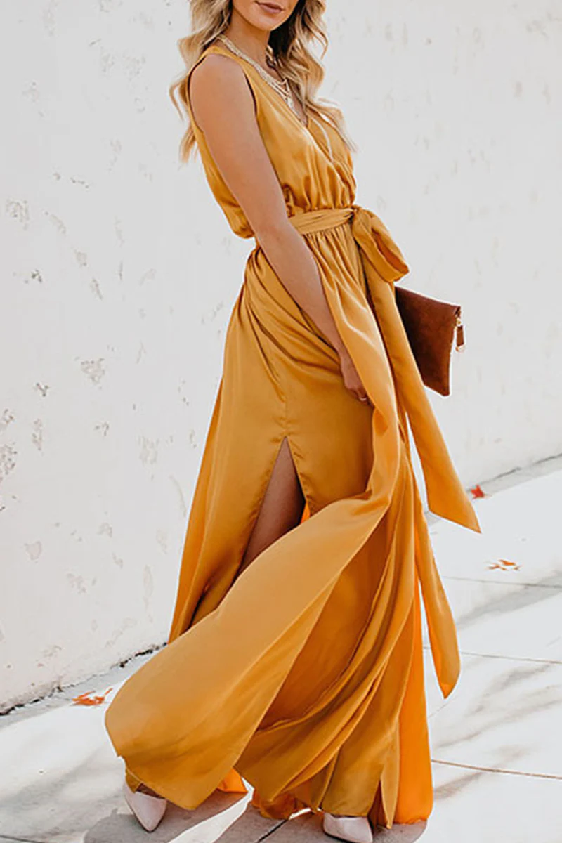 Casual Bohemian Solid High Opening With Belt V Neck Dresses(3 Colors) - Image 5