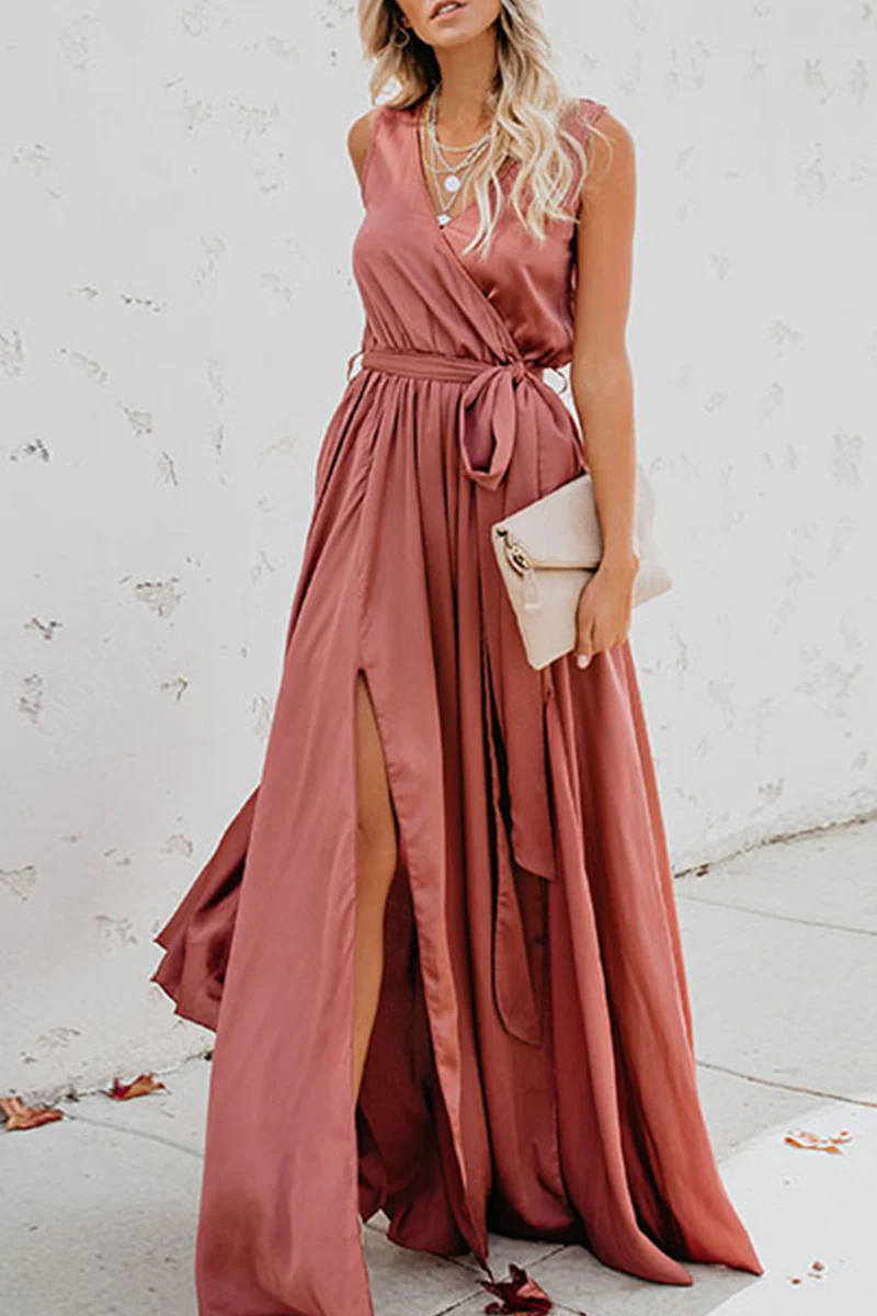 Casual Bohemian Solid High Opening With Belt V Neck Dresses(3 Colors) - Image 6