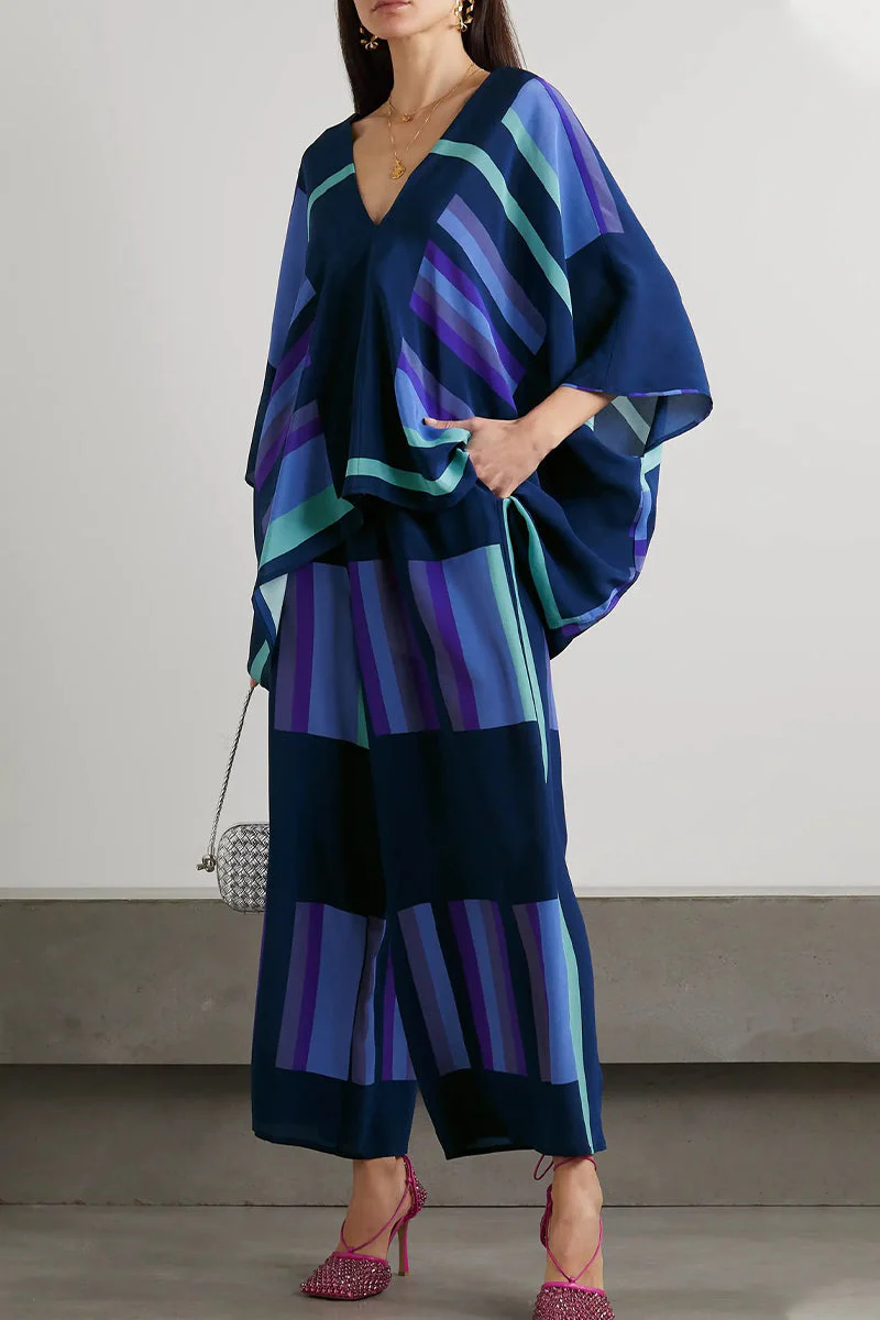 Casual British Style Geometric Print Patchwork V Neck Nine Points Sleeve Two Pieces - Image 10
