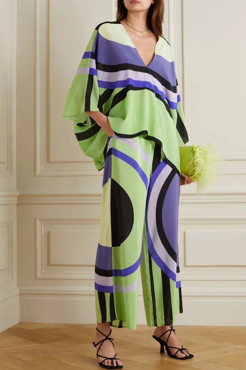 Casual British Style Geometric Print Patchwork V Neck Nine Points Sleeve Two Pieces - Image 2