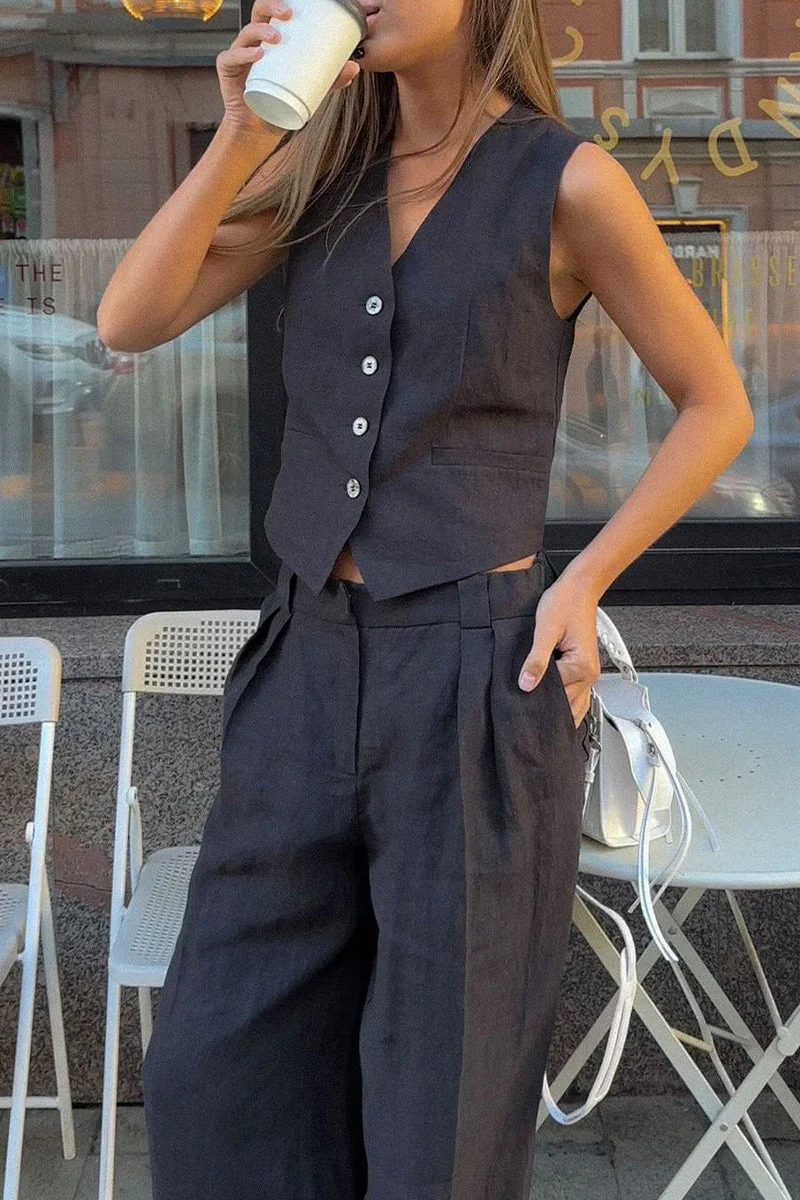 Casual British Style Solid Buckle V Neck Sleeveless Two Pieces(3 Colors) - Image 3