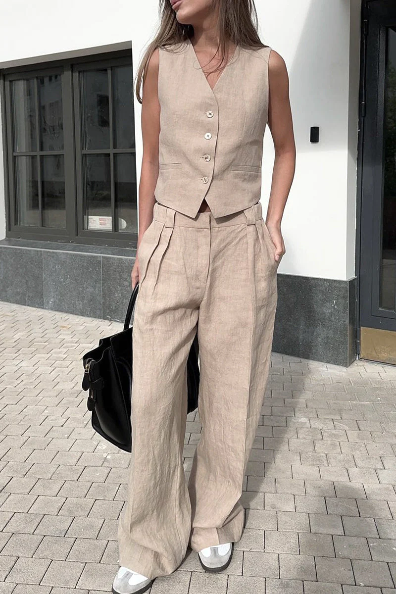 Casual British Style Solid Buckle V Neck Sleeveless Two Pieces(3 Colors) - Image 4